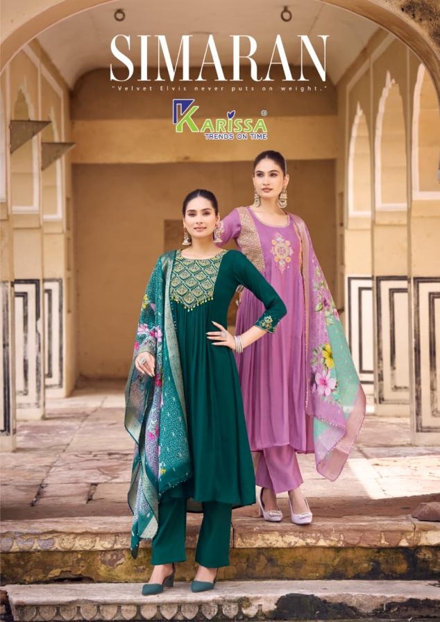 karissa simaran series 1001 to 1004 attractive viscose mul chanderi readymade suit in wholesale surat