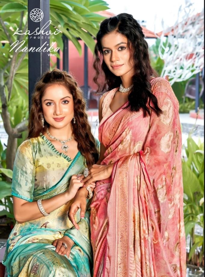 kashvi creation nandika series 101 to 108 dull moss brasso gorgeous look sarees in wholesale surat