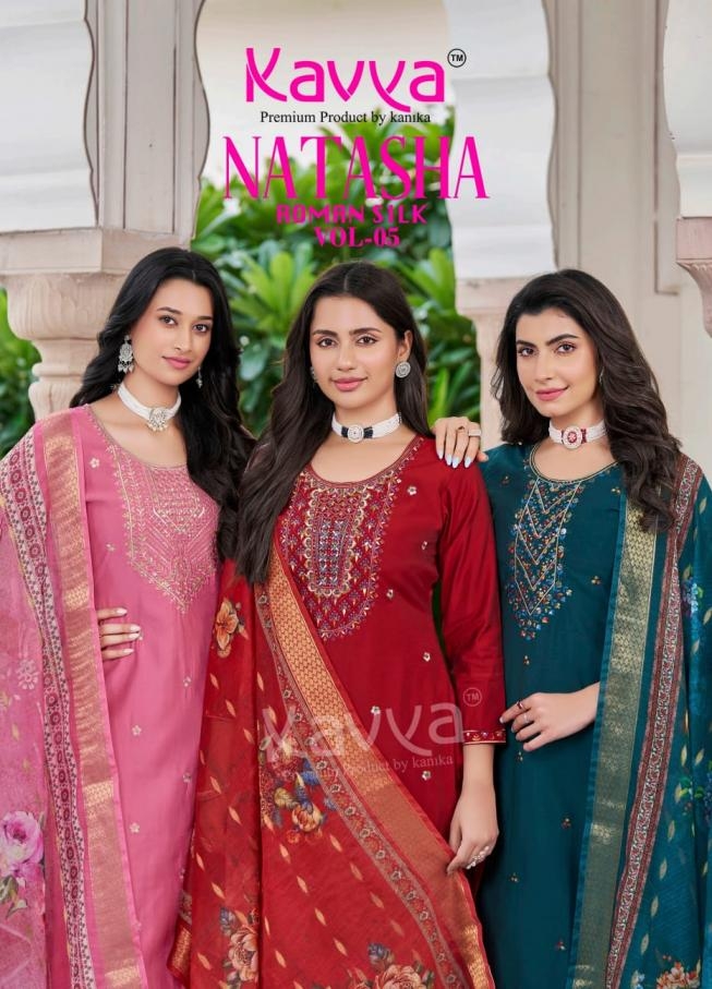 kavya natasha vol 5 series 5001 to 5010 roman silk readymade stylish suit in wholesale surat