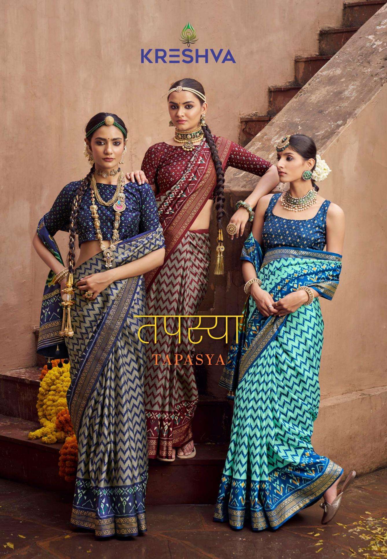 kreshva tapasya series 7020 to 7025 mercerizer sigma silk classic patola designer sarees in wholesale surat