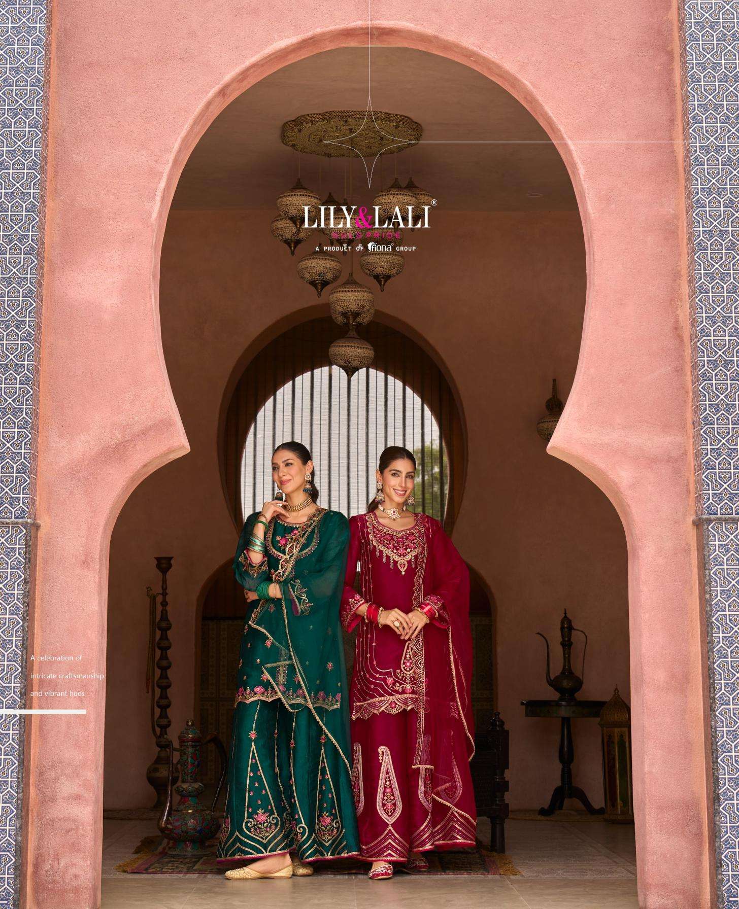lily & lali andorra series 29101 to 29104 silk exclusive kali work readymade sharara style suit in wholeslae surat