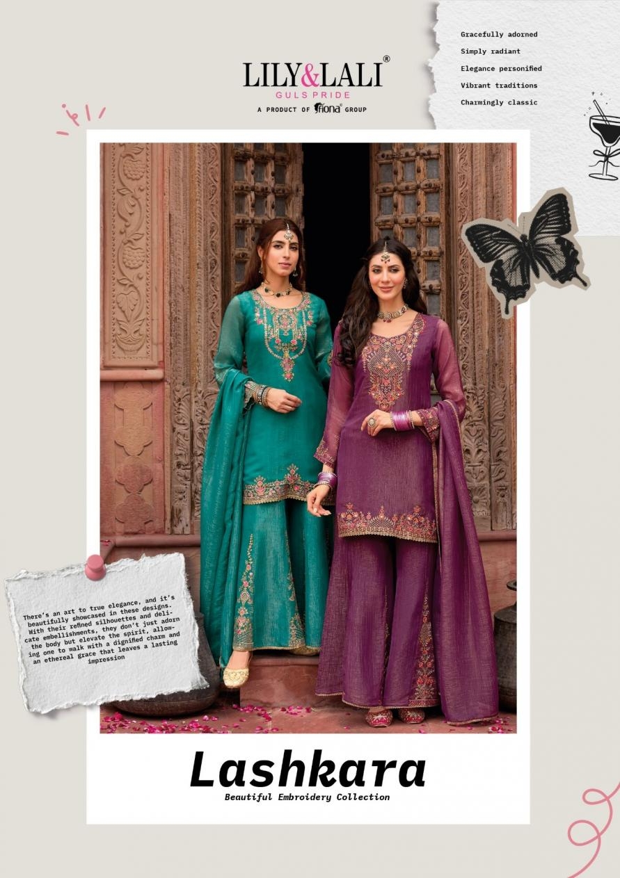 lily & lali lashkara series 28601 to 28604 silk readymade exclusive plazzo style suit in wholesale surat