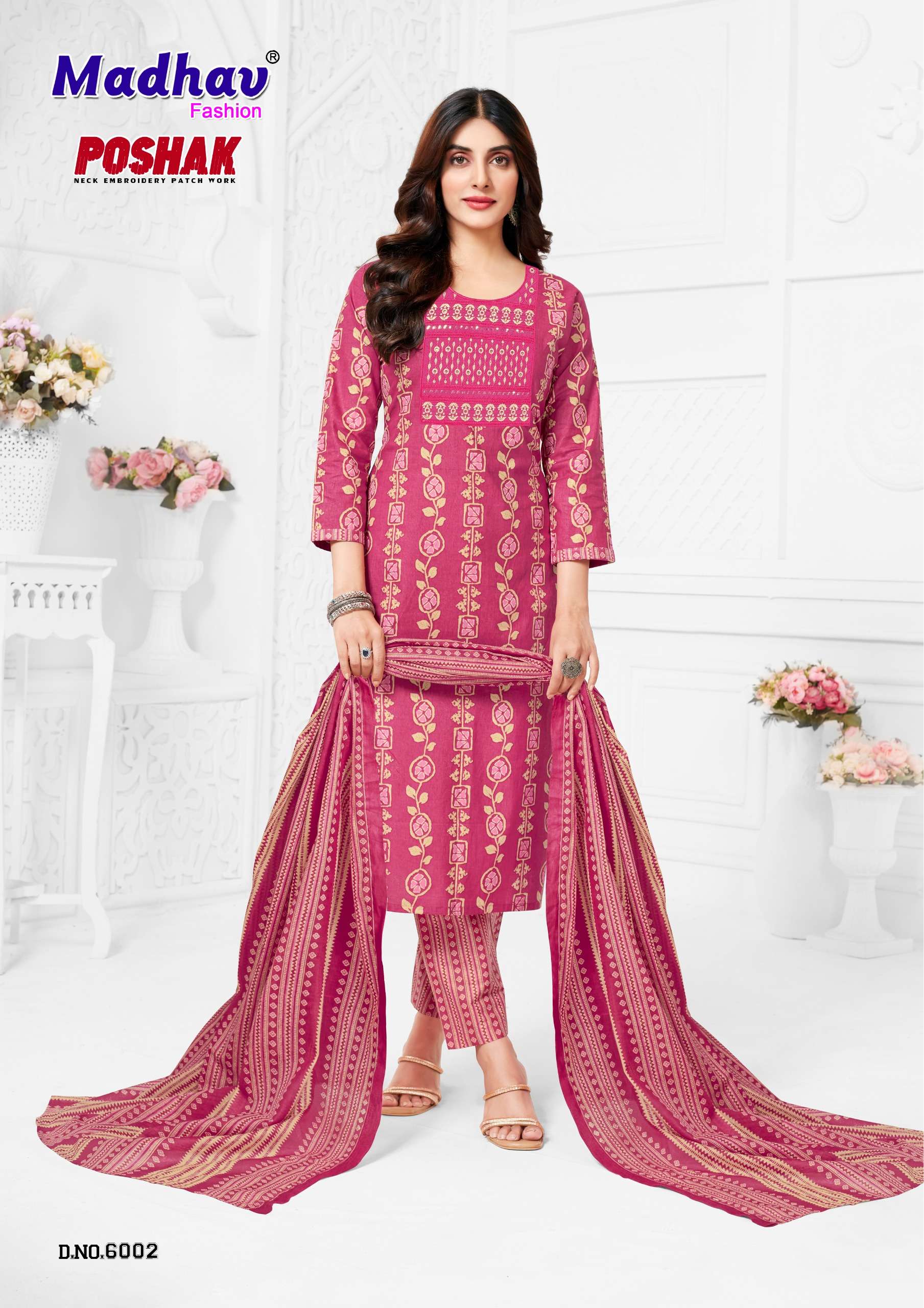 Madhav Poshak Patch Vol-6 series 6001 to 6010 Pure Cotton Printed With Embroidery Kurti Pant With Dupatta in wholesale surat