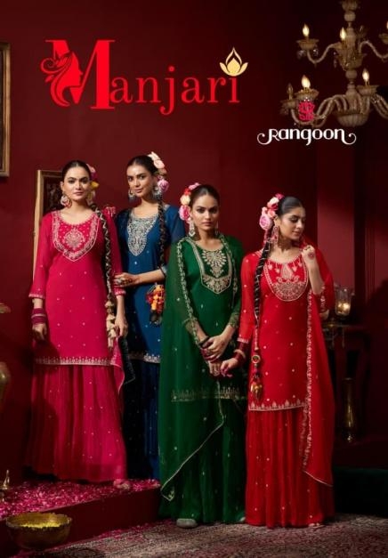manjari rangoon series 8051 to 8054 chiffon readymade stylish plazzo kurti with dupatta in wholesale surat
