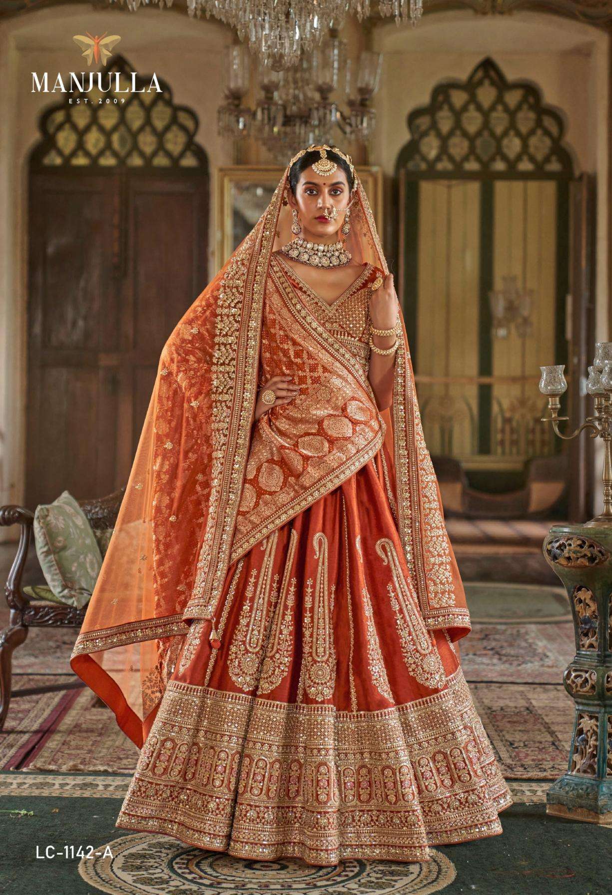 manjulla fashion dulhan vol 1 series 1141A to 1142D bridal tone silk stitch lehenga unstitch choli in wholesale surat