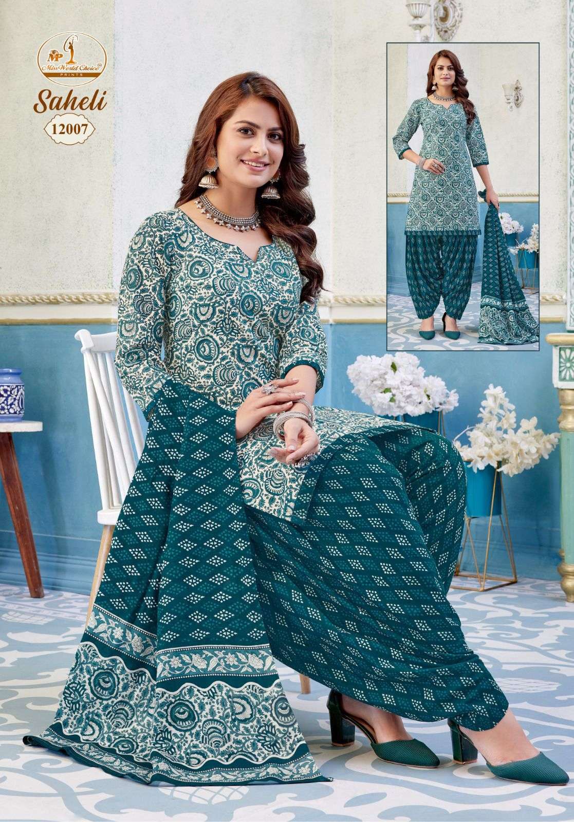 Miss World Saheli Vol-12 series12001 to 12010 Pure Cotton Printed Readymade Patiyala suit in wholesale surat