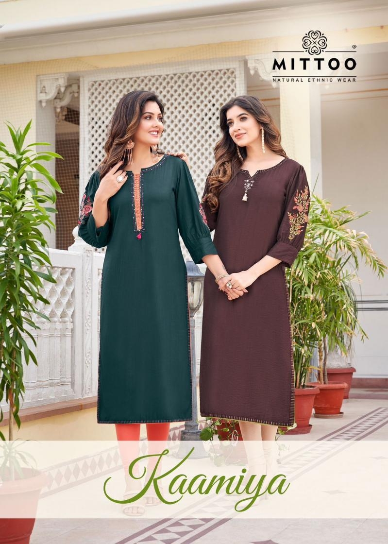 mittoo kaamiya series 1001 to 1006 popular design rayon readymade kurti in wholesale surat