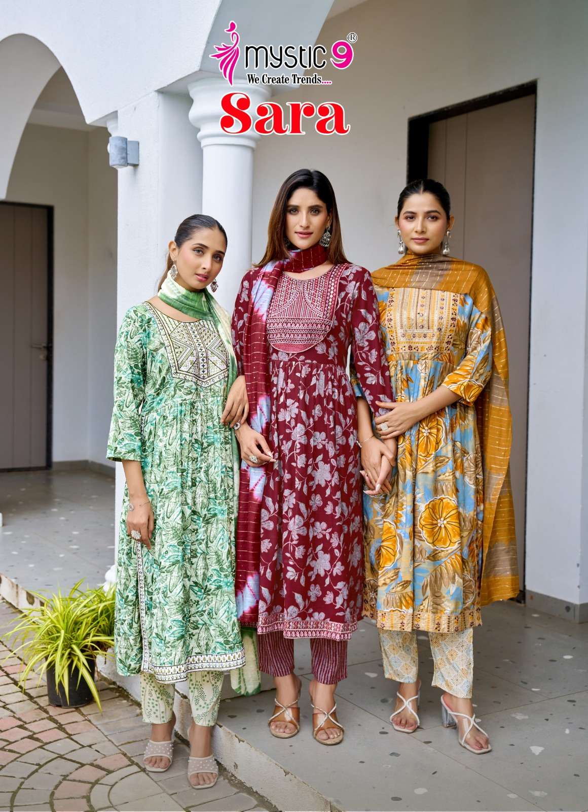 Mystic9 Sara Vol-18 series 18001 to 18008 Heavy Rayon Capsule With Foil Print Nyra Cut Kurti Pant With Dupatta in wholesale surat