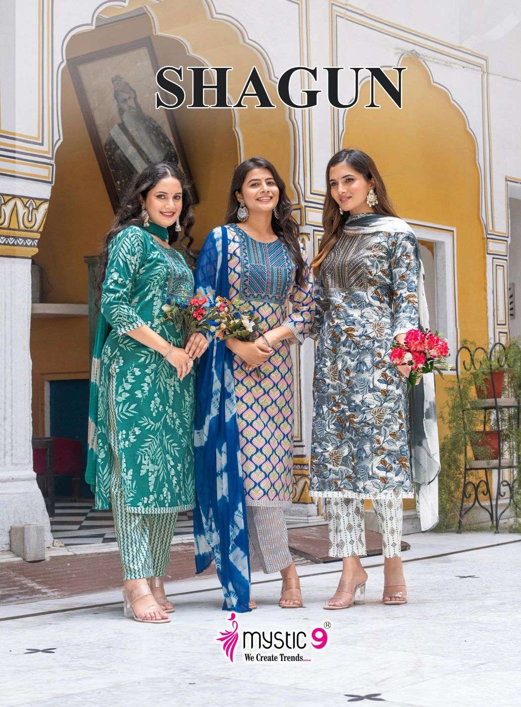 Mystic9 Shagun Vol-21 series 21001 to 21008 Heavy Rayon Capsule With Foil And Neck Embroidery Kurti Pant With Dupatta in wholeslae surat
