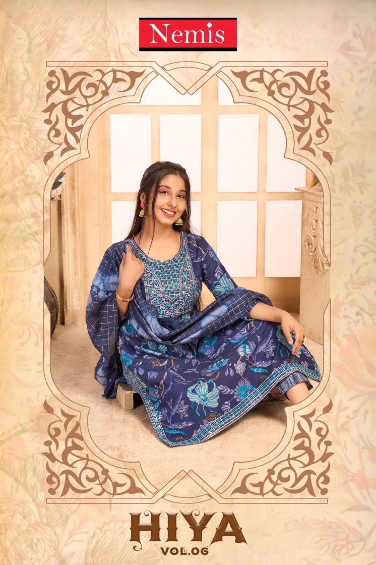 nemis hiya vol 6 series 6001 to 6008 readymade capsule rayon nayra combo kids salwar kameez in wholesale surat