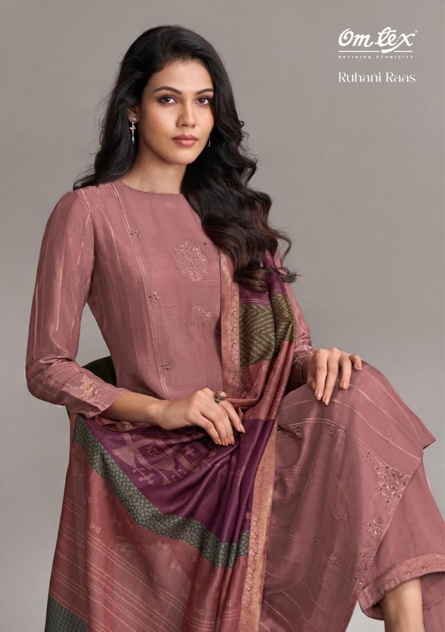 om tex ruhani raas series 7871A to 7871D muslin jacquard suit in wholesale surat