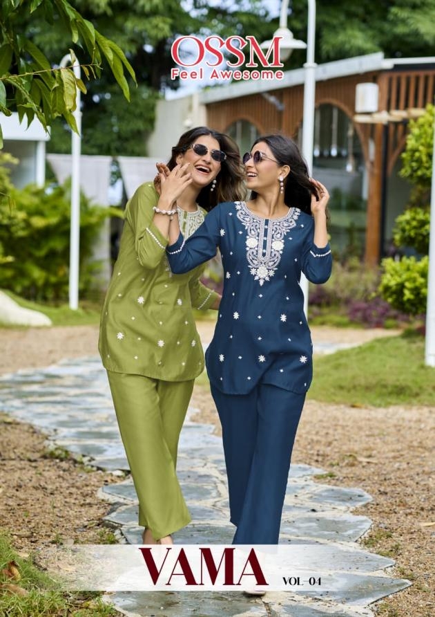 ossm vama vol 4 series 4001 to 4006 unique colours viscose vetican silk readymade co-ord sets in wholesale surat