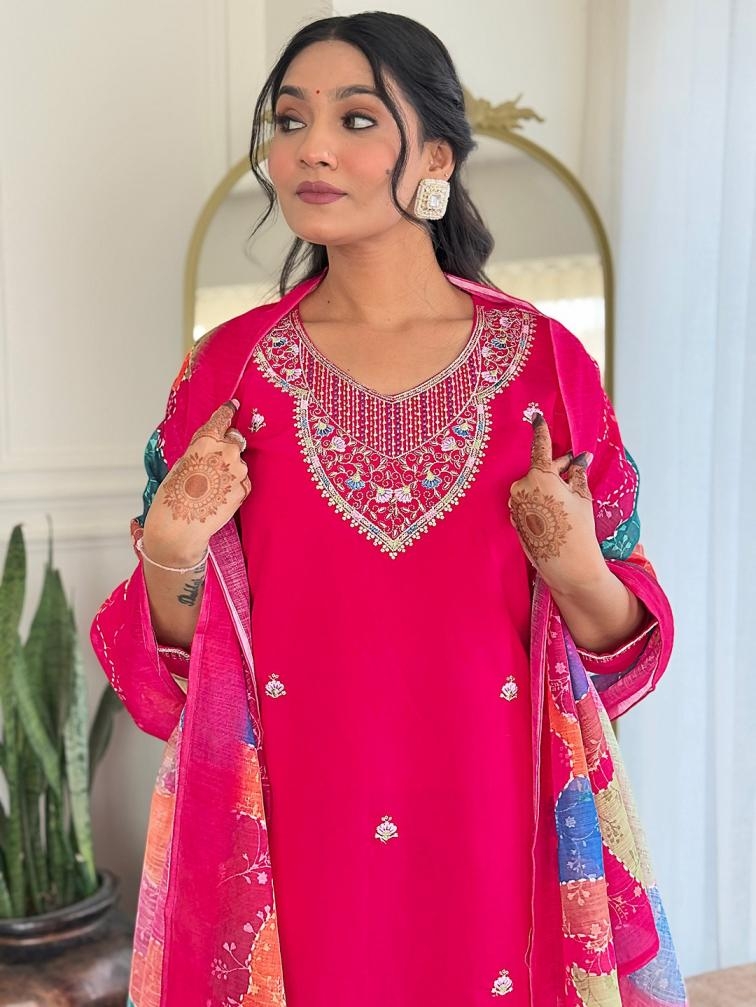 P R 9STAR FASHION LEO VISCOSE CHANDERI WITH EMBRODERY WORK FANCY DESIGNER READYMADE SUITS IN WHOLESALE SURAT