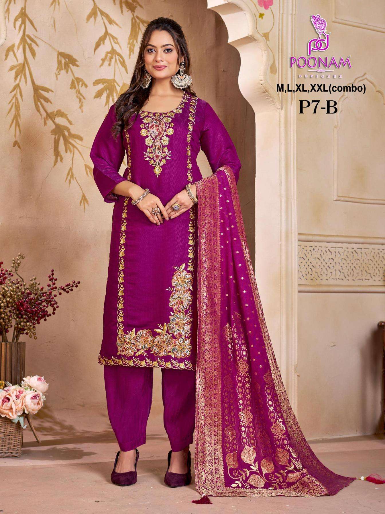 poonam designer p7 a-b jacquard mal chanderi readymade big size combo suits in wholesale suart