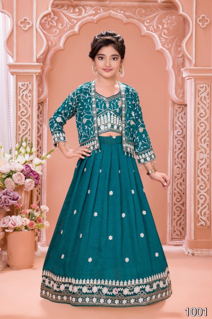 pr aarvi designer series 1001 to 1005 vichitra silk kids embroidered lehenga choli in wholesale surat