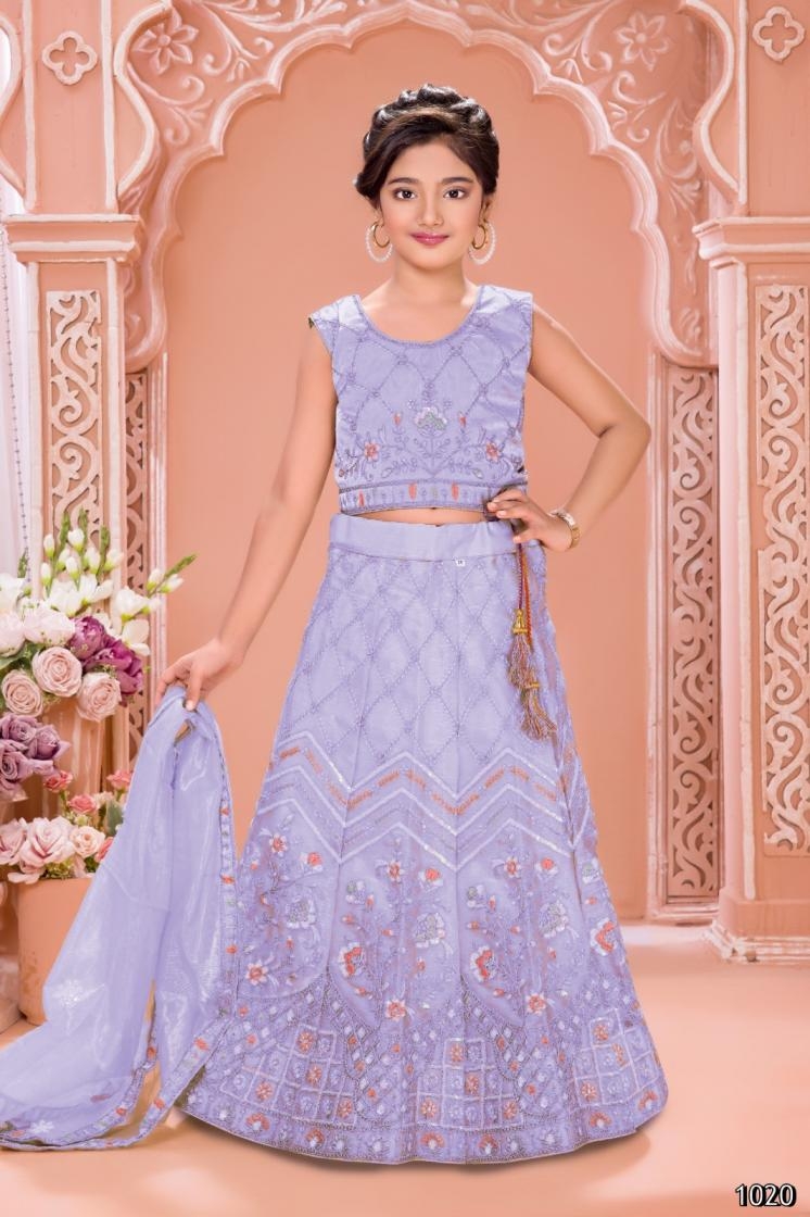 pr aarvi vol 4 series 1017 to 1020 organza silk embroidery work exclusive kids readymade chaniya choli in wholesale surat