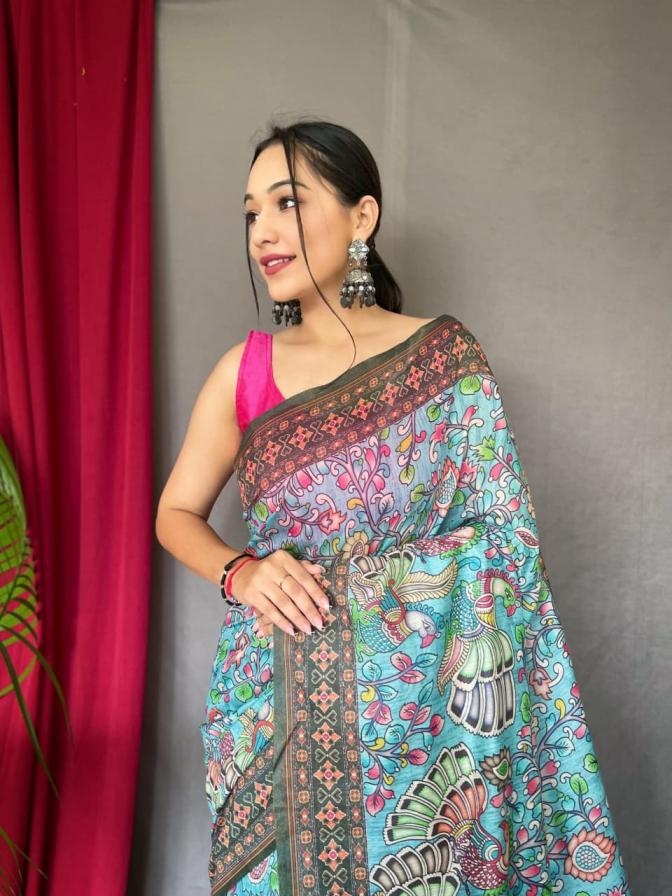 pr bandhani kalamkari malai cotton gorgeous look saree in wholesale surat