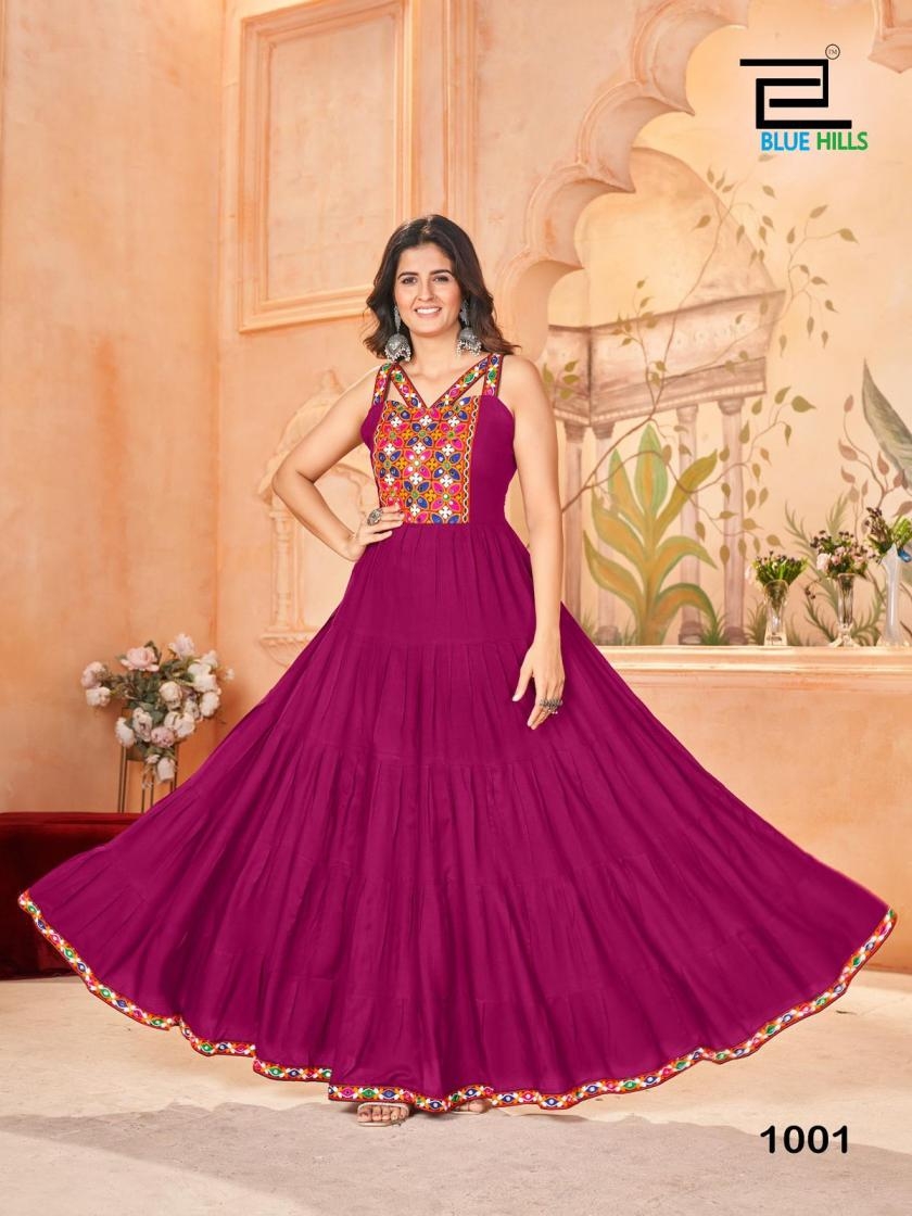 pr ghumati series 1001 to 1006 rayon elegant style readymade gamthi work navratri gown inw holesale surat