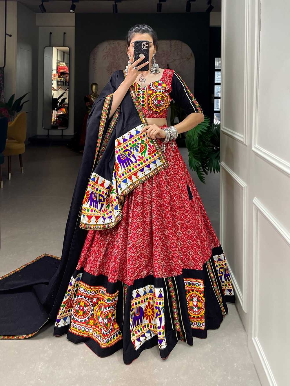 pr lnb1693 cotton print hit design mirror work readymade navratri lehenga choli in wholesale surat
