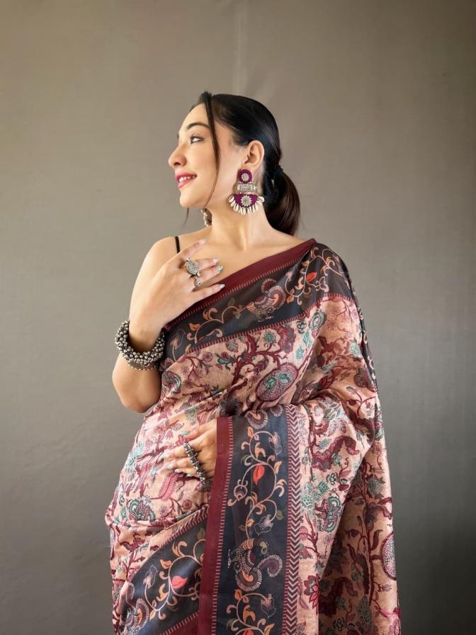 pr mayuri stylish kalamkari prints cotton weaves saree in wholesale surat