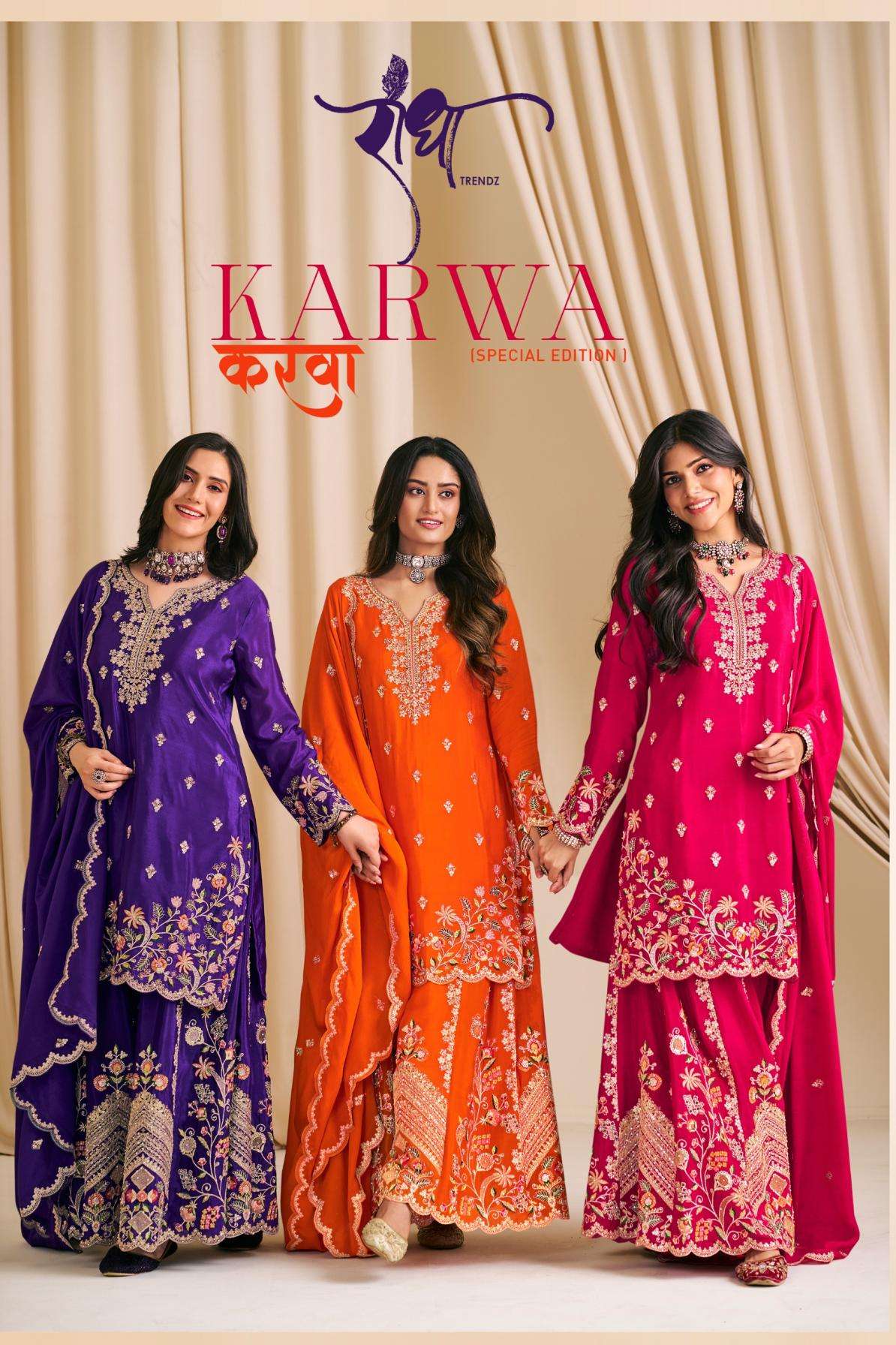 radha trendz karwa series 5081 to 5083 silk chinon readymade party wear plazzo suits in wholesale surat