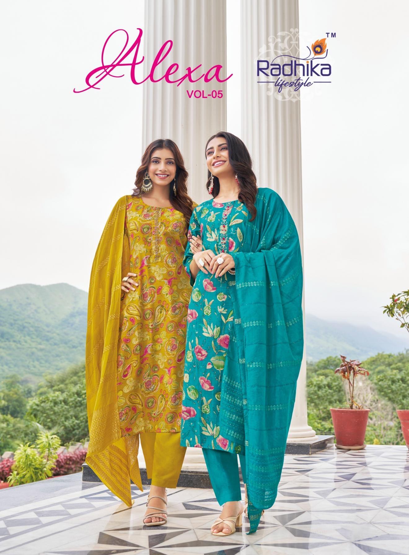 radhika lifestyle alexa vol 5 series 5001 to 5006 vertican silk readymade big size suit in wholesale surat