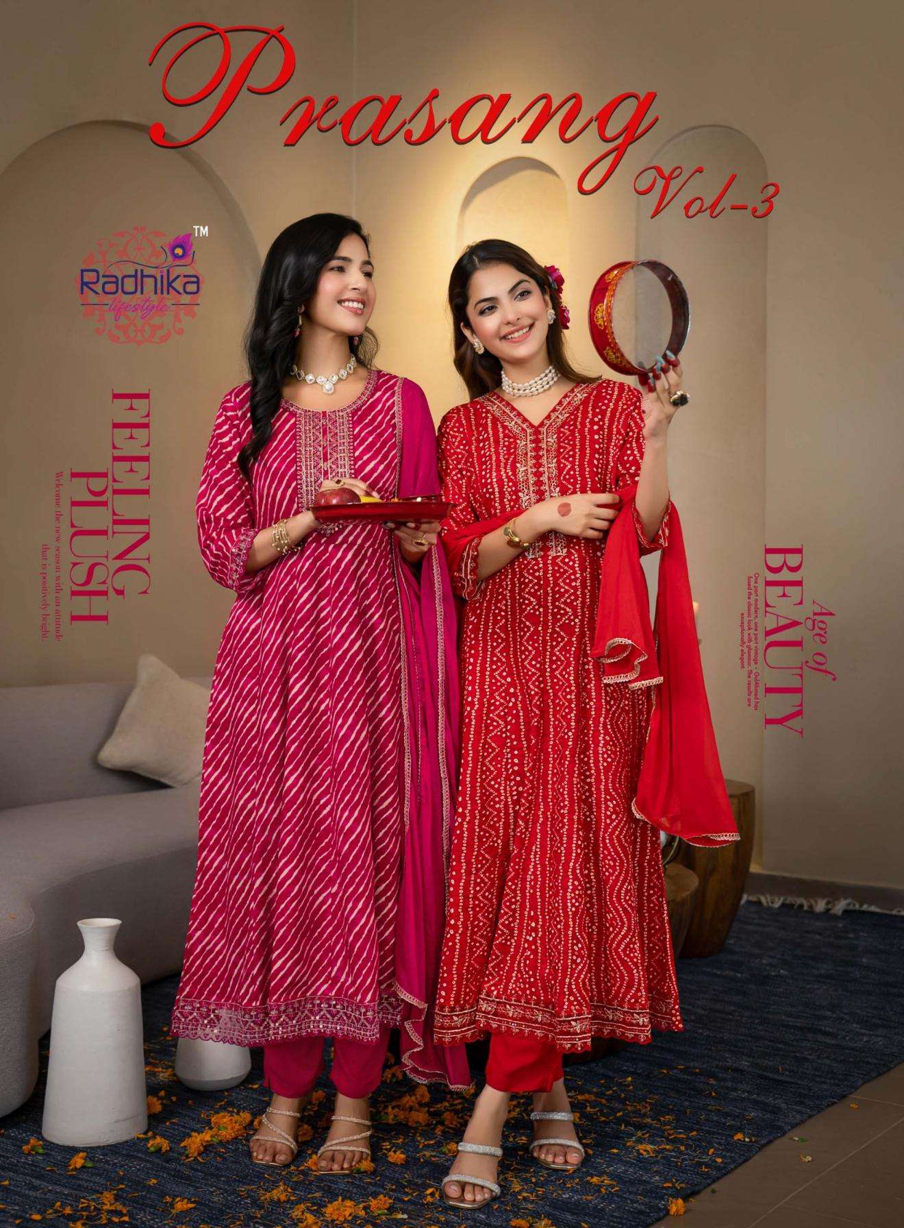 radhika lifestyle prasang vol 3 series 3001 to 3006 rayon karwa chouth special readymade suit in wholesale surat