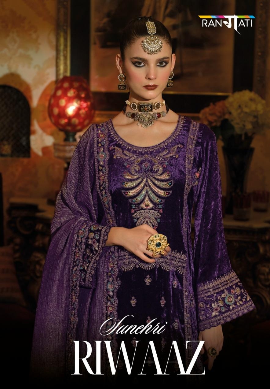 rangati prints riwaaz series 01 to 06 silk velvet winter suits in wholesale surat