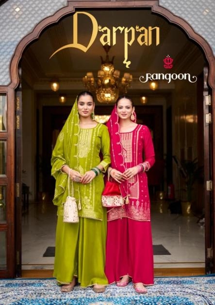 rangoon darpan series 10001 to 10004 dola russian jacquard readymade plazzo kurti with dupatta in wholesale surat