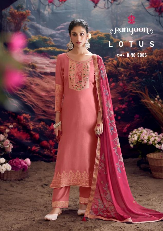 rangoon lotus series 9081 to 9086 muslin jacquard readymade classy suit in wholesale surat