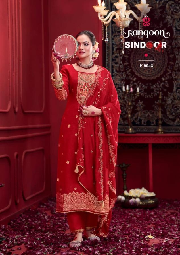 rangoon sindoor series 9041 to 9044 readymade dola russian jacquard suit in wholesale surat