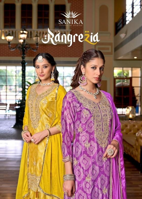 sanika fashion rang razia series 10028 to 10031 chinon silk readymade designer plazzo style suit in wholesale surat
