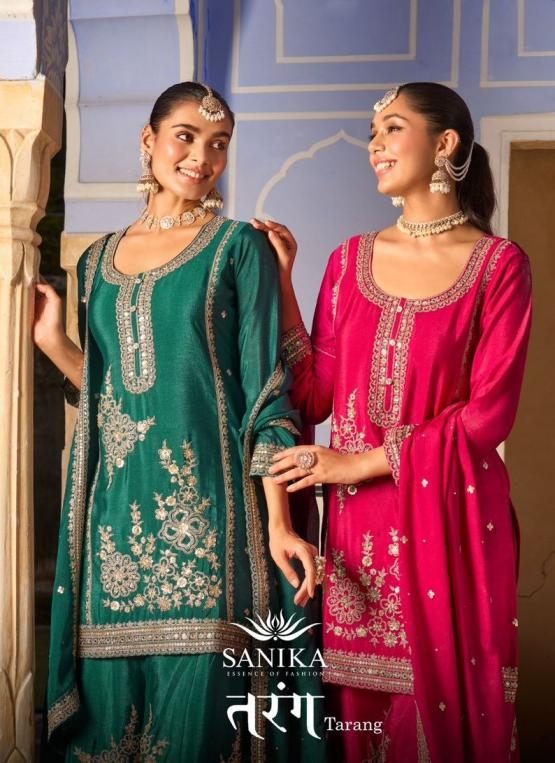 sanika fashion tarang series 7001 to 7004 chinon silk readymade plazzo kurti with dupatta in wholesale surat