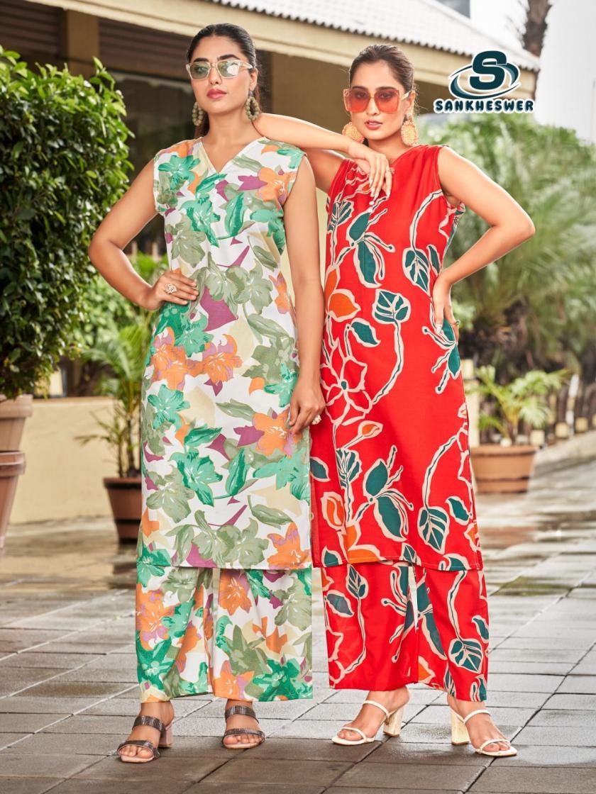 sankheswer tetema series 1001 to 1008 rayon readymade trendy co-ord sets in wholesale surat
