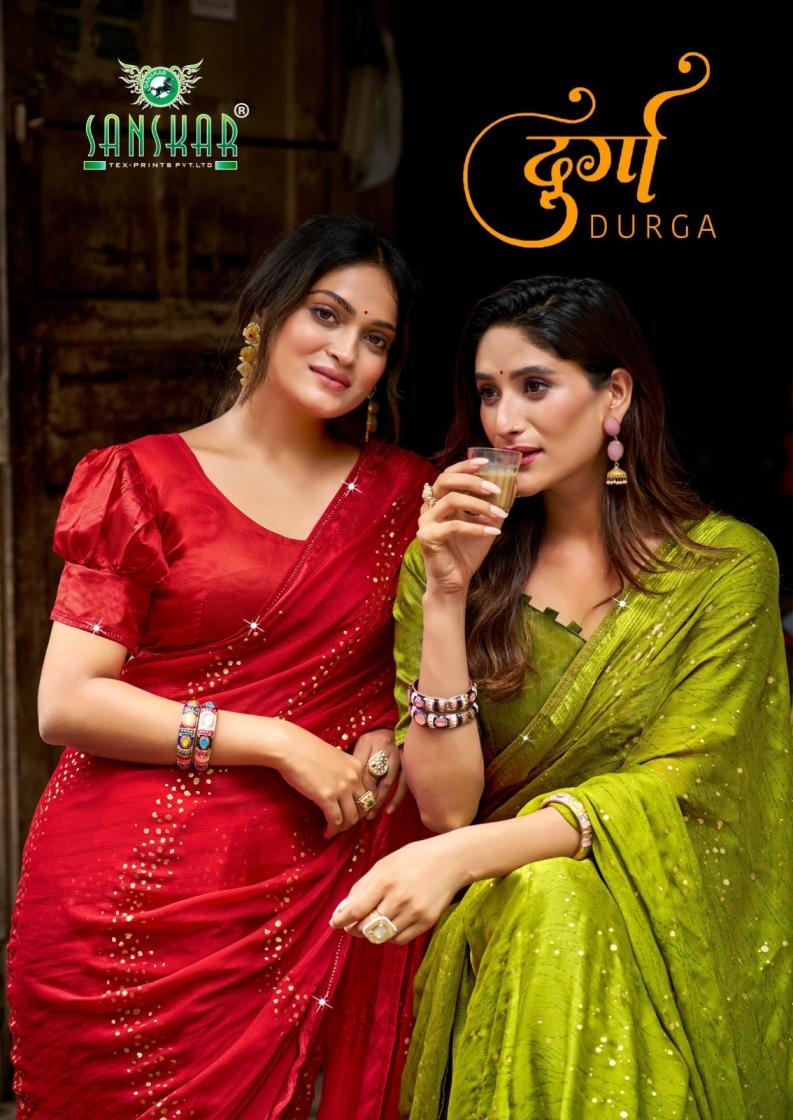 sanskar tex prints durga series 31001 to 31008 unique georgette saree in wholesale surat