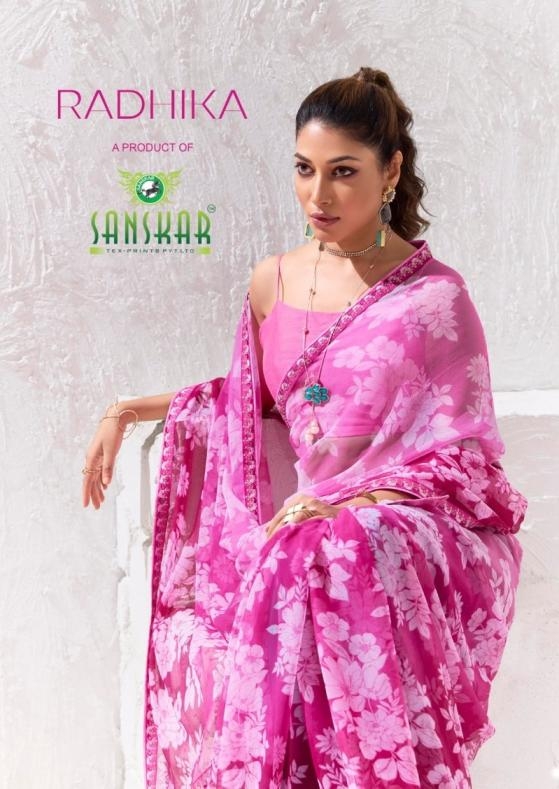 sanskar tex prints radhika series 61001 to 61008 georgette pretty look sarees in wholesale surat
