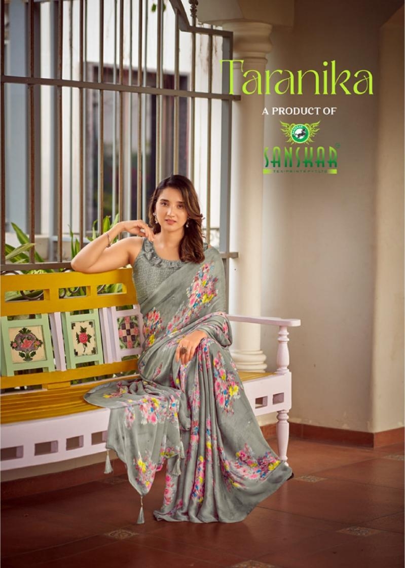 sanskar tex prints taranika series 1001 to 1008 sartin chiffon casual saree in wholesale surat