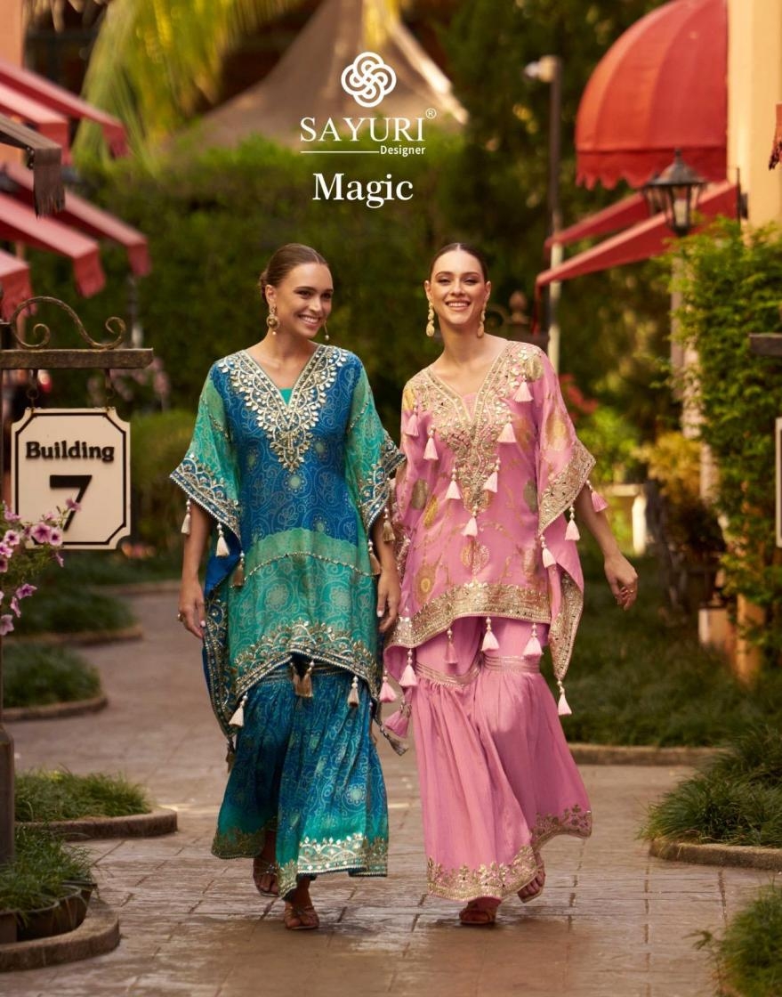 sayuri designer magic series 10065 to 10068 viscose jacquard silk readymade festive kaftan kurti with gharara in wholesale surat