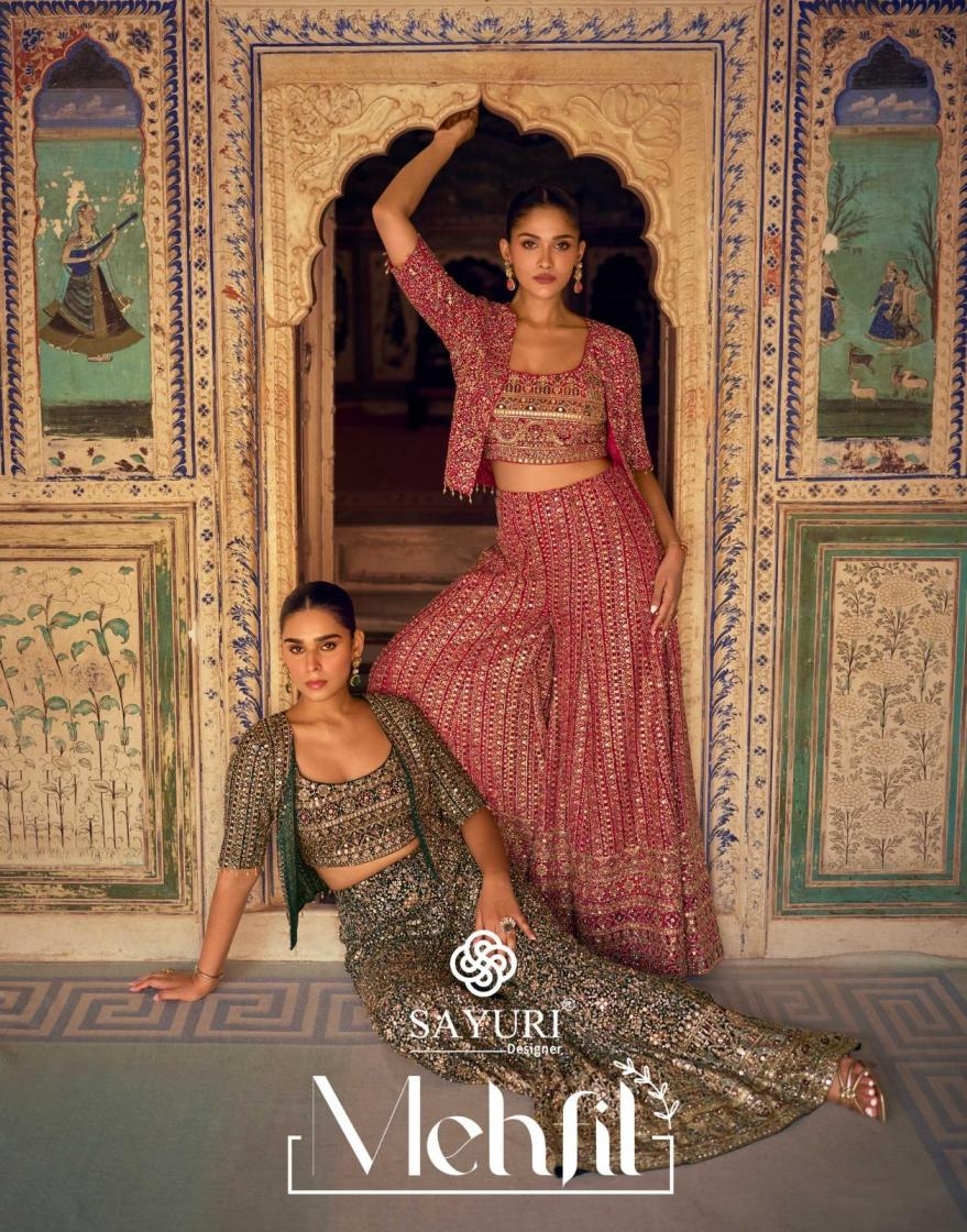 sayuri designer mehfil series 5831 to 5833 readymade georgette plazzo blouse with jacket suit in wholesale surat