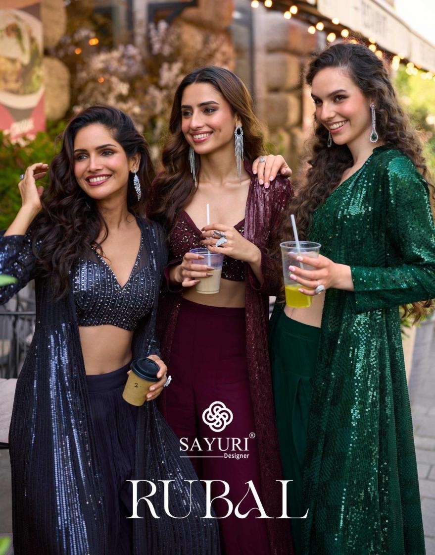 sayuri designer rubal series 5850 to 5853 georgette readymade exclusive shrug plazzo with blouse in wholesale surat