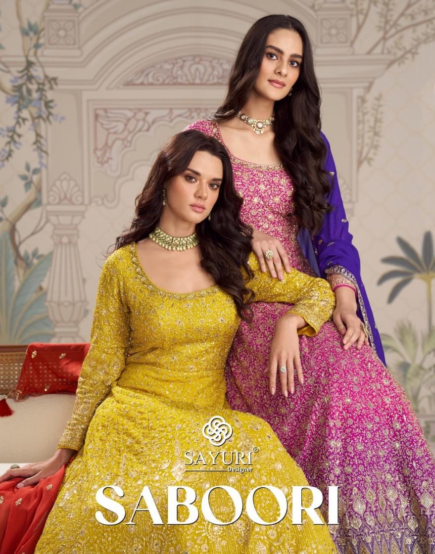 sayuri designer saboori series 10021 to 10023 georgette readymade designer gown with dupatta in wholesale surat