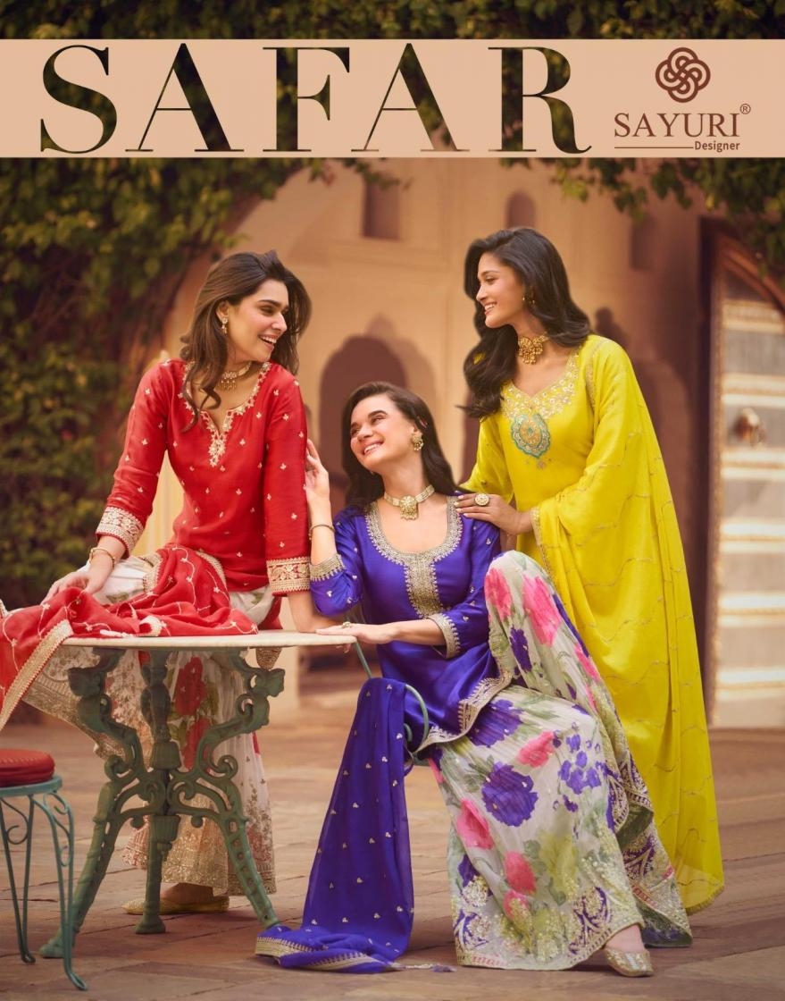 sayuri designer safar series 5744 to 5746 chinon silk readymade party wear plazzo suits in wholesale surat