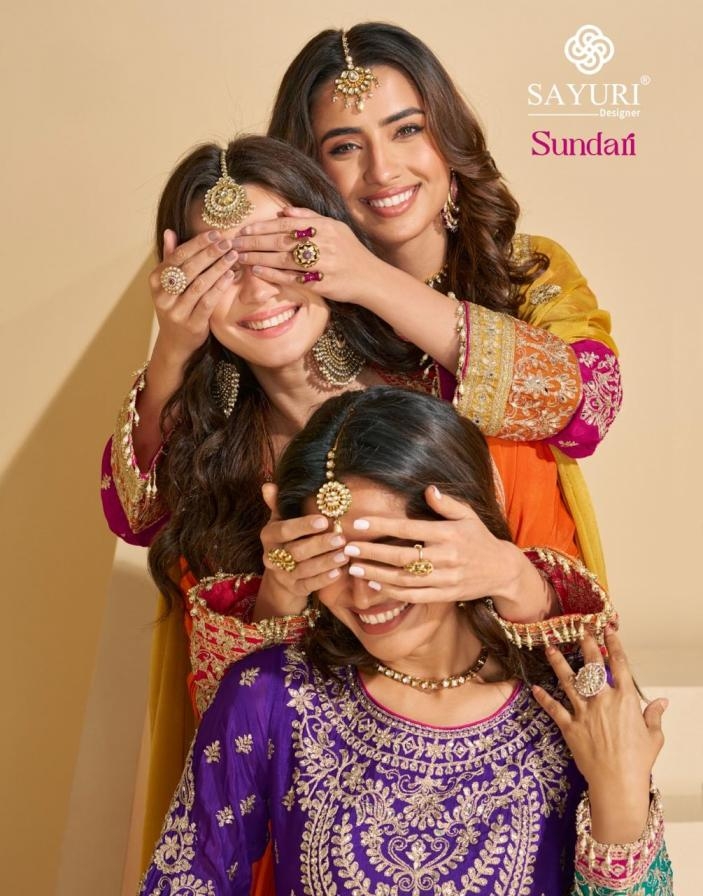 sayuri designer sundari series 10016 to 10020 exclusive chinon silk readymade party wear plazzo style suit i wholesale surat