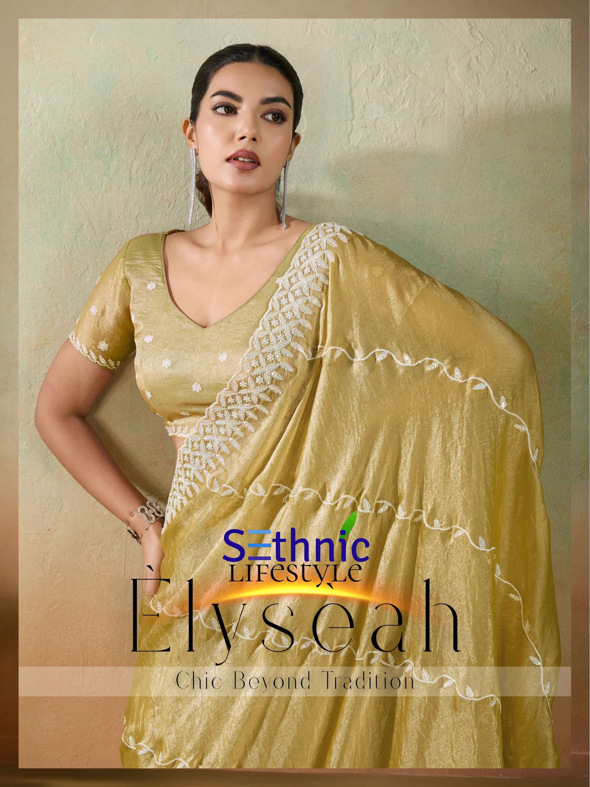 Sethnic Lifestyle Elyseah series 102001 TO 102004 Velvet Chiffon with Tensile White thread embroidery saree in wholesale surat