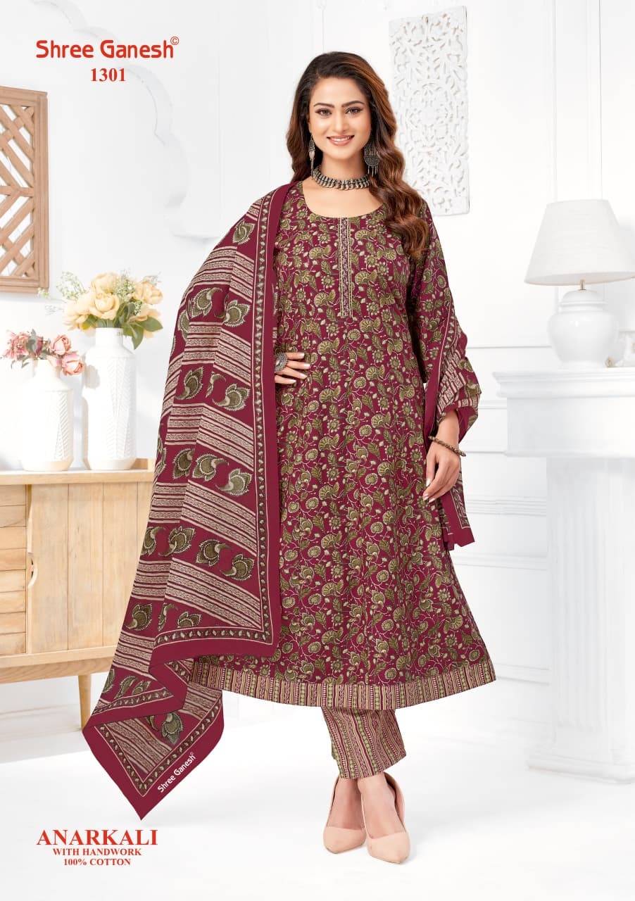 Shree Ganesh Zeenat Vol-3 series 1301 to 1310 Heavy Cotton Printed With Attractive Hand Work Anarkali Style Kurti Pant With Dupatta in wholesale surat