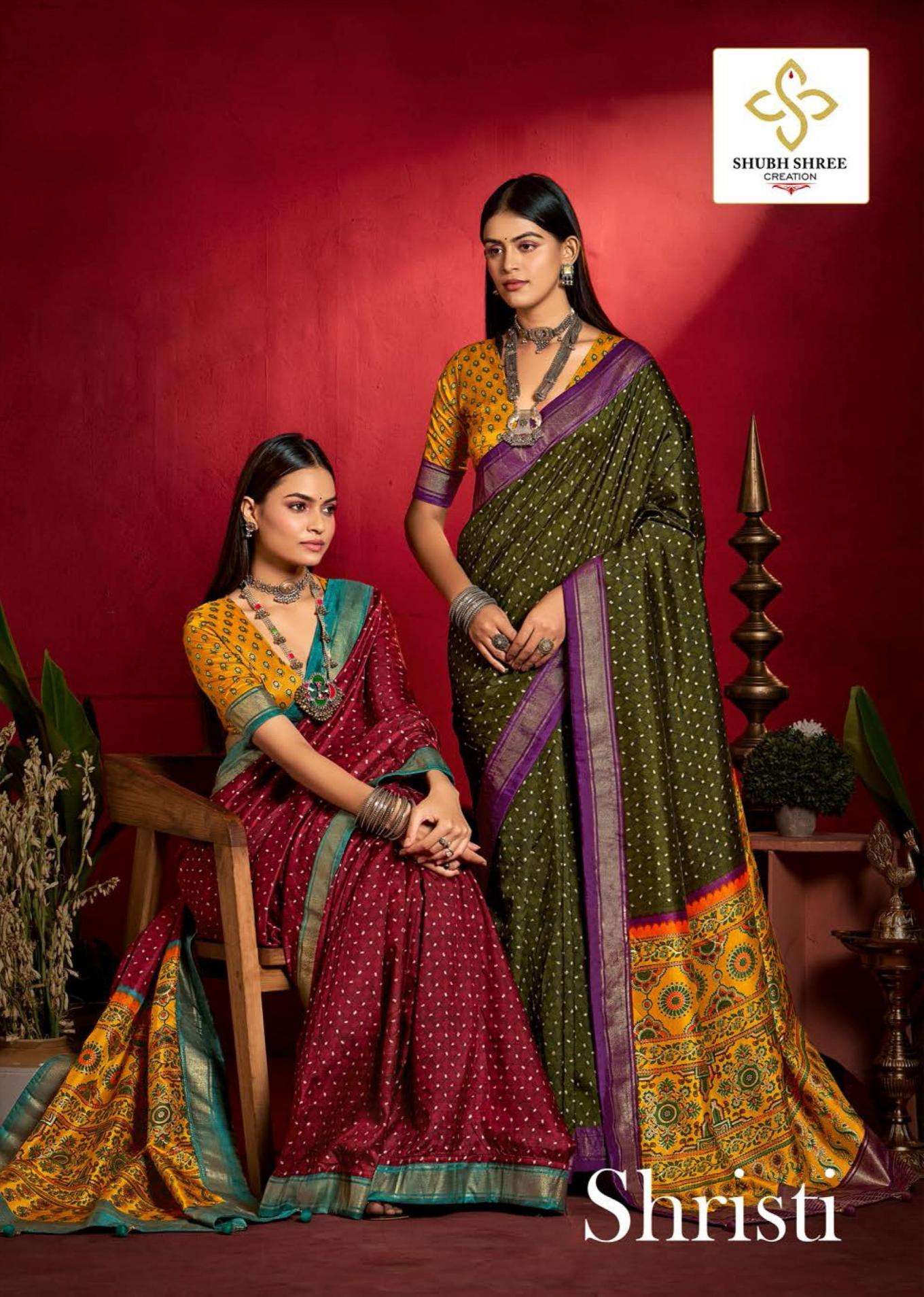 shubh shree creation shristi series 1001 to 1008 velvet tusser silk saree in wholesale surat