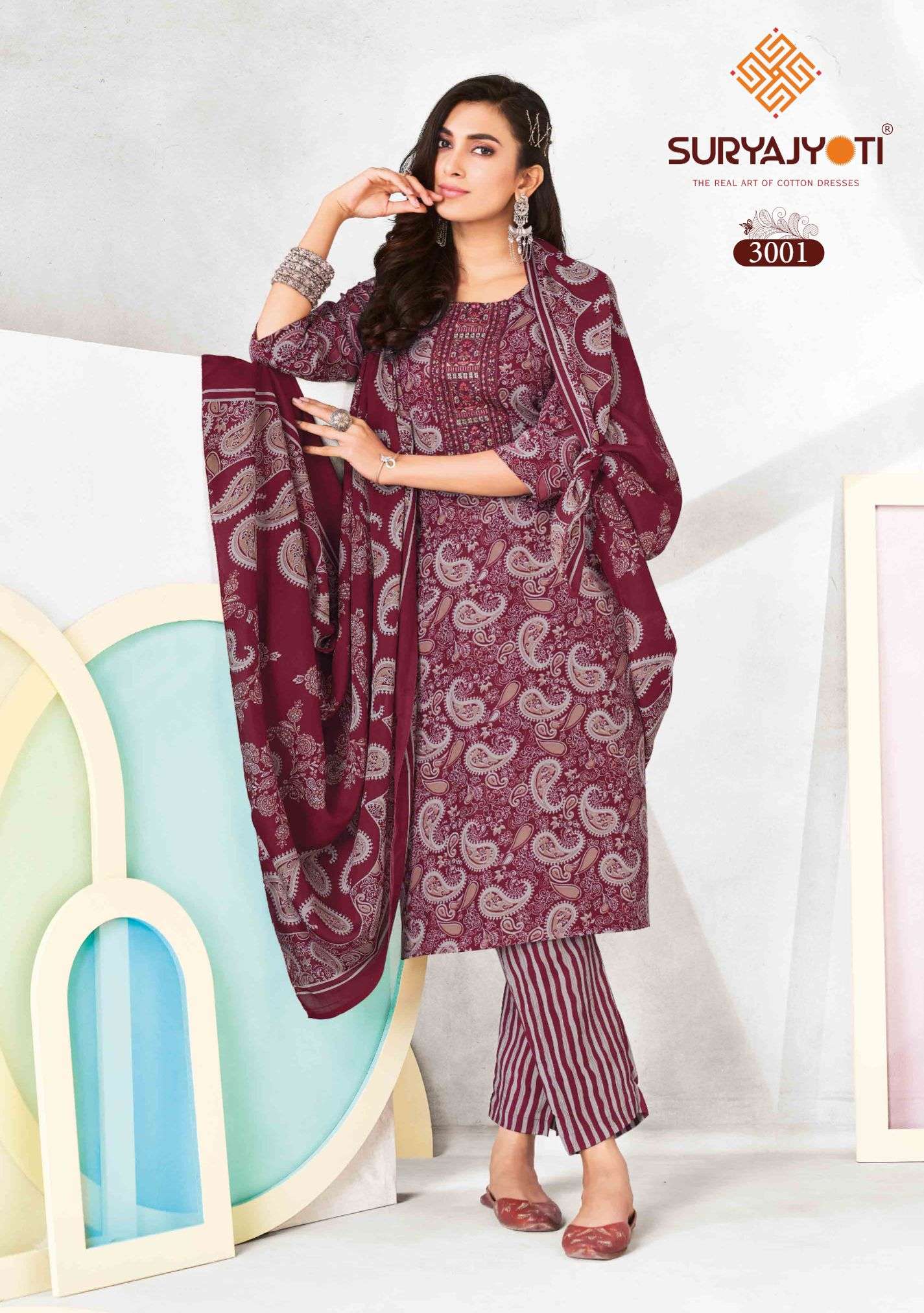 Suryajyoti Pragya Vol-3 series 3001 to 3010 Pure Malaysian Cotton Printed With Neck Embroidery Kurti Pant With Dupatta in wholesale surat