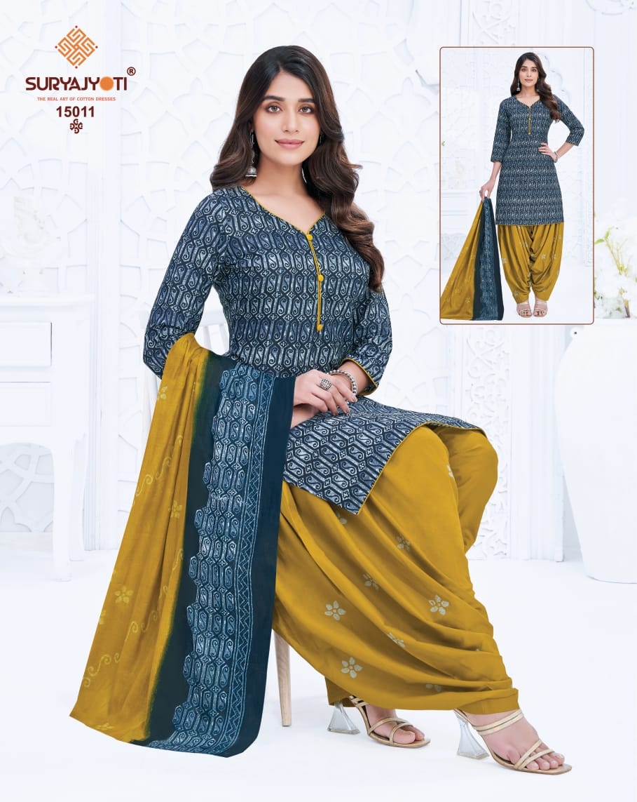 Suryajyoti Trendy Patiyala Vol-15 series 15001 to 15020 Heavy Cotton Printed salwar kameez in wholeslae surat