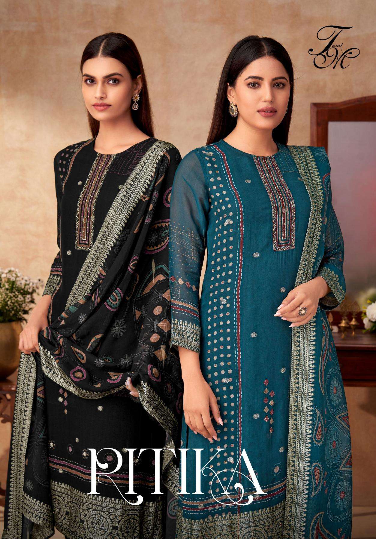 t&m ritika series 5678 to 5642 organza jacquard salwar kameez in wholesale surat