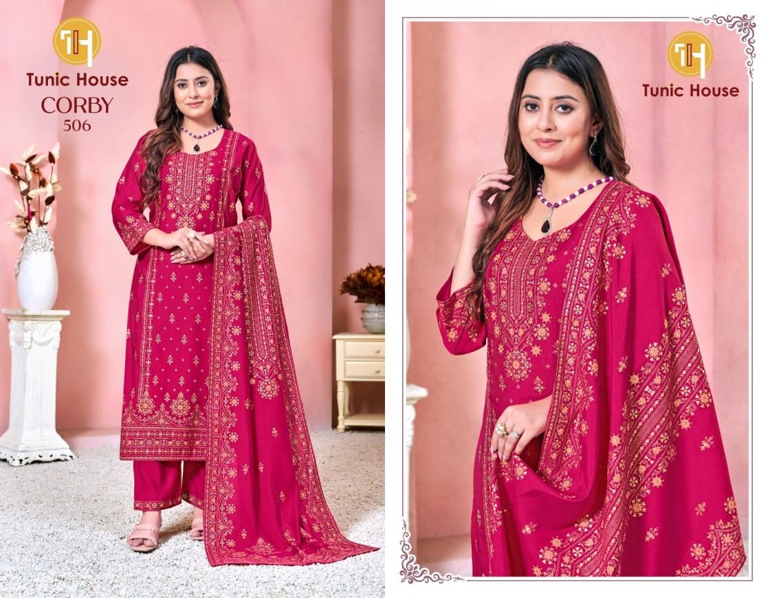 TUNIC HOUSE CORBY FOIL PRINT FANCY 3 SERIES 504 To 507 PCS COMBO SET SUIT IN WHOLESALE SURAT